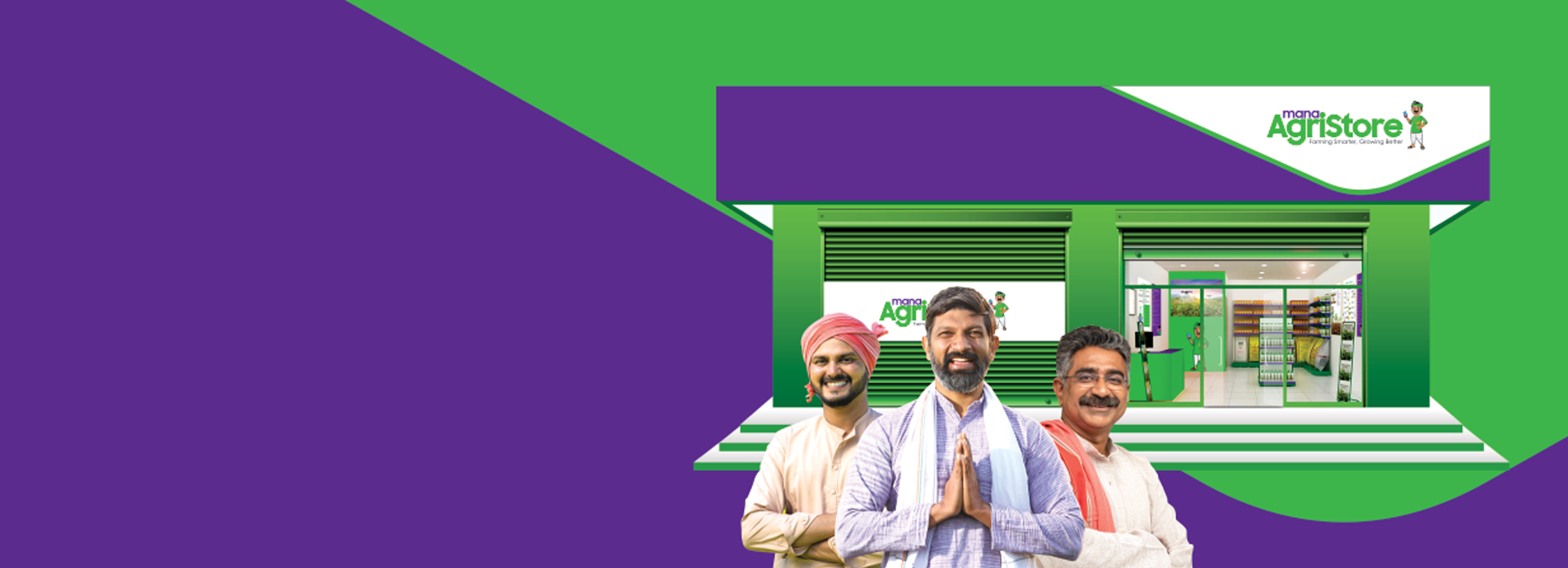 Mana AgriStore storefront exterior with three farmers greeting namaste out front, set against a purple and green brand backdrop